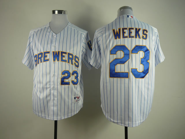 Men Milwaukee Brewers #23 Weeks White Stripe MLB Jerseys